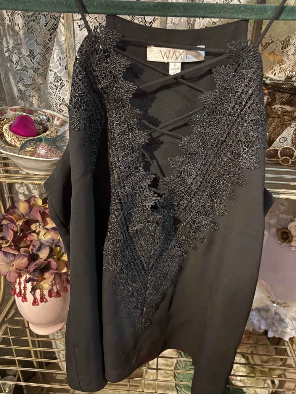 Wayf Black Lace-Trim Crisscross V-Neck Top